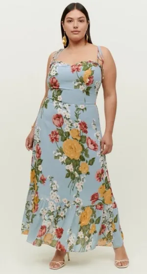 Reformation Enya Floral Ruffle Light Blue Midi Dress thumbnail 1