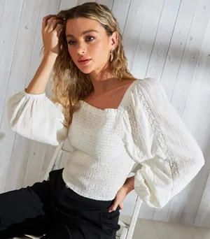 Max 100% Cotton Smocked Ivory Cream Eyelet Cottagecore Feminine Summer Top Med‎ thumbnail 1
