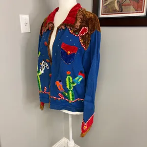 Vintage Western Cactus Cowboy Boot Embroidered Cardigan Blue Chenille Fringe L thumbnail 7