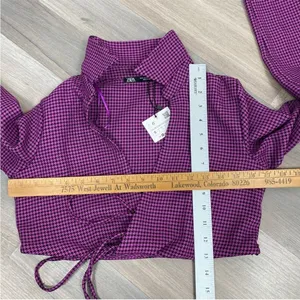Zara Houndstooth Cropped Polo Top Purple Black‎ Small Long Sleeve Deep V-neck thumbnail 13