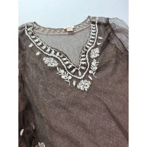 Sundance Brown Mesh Embroidered Tunic Top V-Neck 3/4 Sleeve Boho Floral Large thumbnail 12