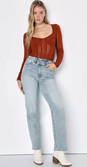 Lulus NWT Chic Behavior Rust Orange Pointelle Knit Long Sleeve Top thumbnail 2