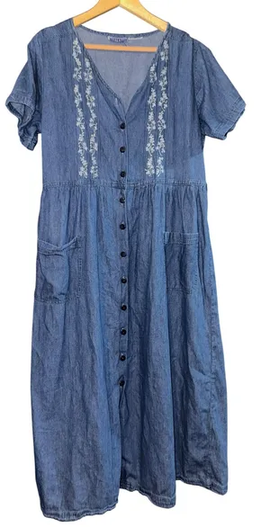 Vintage Embroidered Denim Jumper Dress‎ Women's Medium Maxi Floral Cottage ~Flaw thumbnail 1