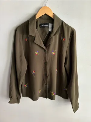 Vintage 90s Sag Harbor Olive Green Embroidered Floral Blouse L XL thumbnail 1