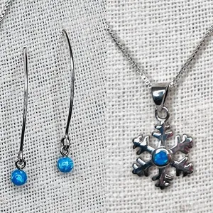 Silver 925 Simulated Fire Opal Snowflake 18" Necklace + Drop Earring Set Jewelry thumbnail 2