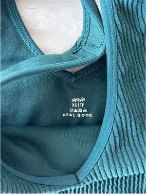 Aerie Green/Teal Ribbed V-Neck Sports Bra XS thumbnail 3