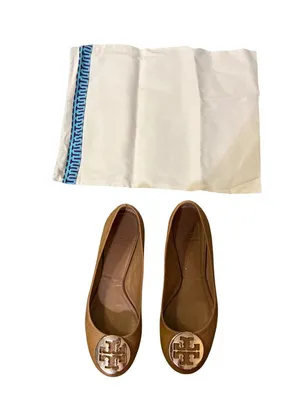 Tory Burch Reva Women’s 8.5 Royal Tan / Gold Metallic Leather Ballet Flats Used thumbnail 9