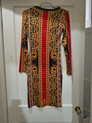 Leopard Print Baroque Long Sleeve Dress - Red, Gold, Black thumbnail 2