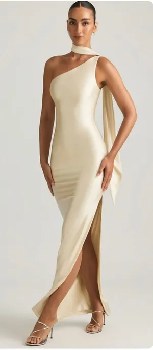 Oh Polly Sheril Asymmetric Scarf-Detail Maxi Dress in Ivory Size 4 New thumbnail 1