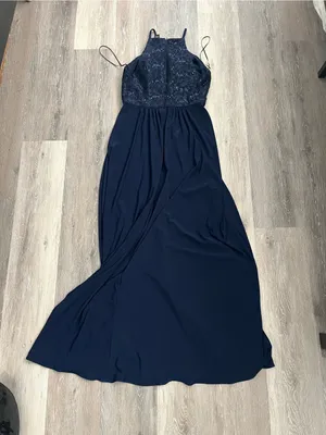 Morgan & Co Navy Lace Sequin Halter Maxi Gown Prom Evening Formal Dress Junior 7 thumbnail 7