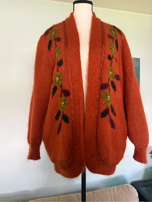 Vintage 80's Sai Sai Cardigan Women's Mohair Sweater Orange Floral L Large Lined thumbnail 2