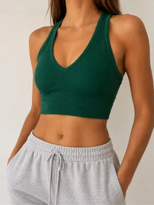 Free People FP Movement XS/S Green Ribbed V Neck Racerback Crop Top Bra thumbnail 1