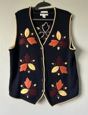 Vintage Hand Embroidered Leaf Sweater Vest Fall Cottage Grandma Whimsy 2003 thumbnail 1