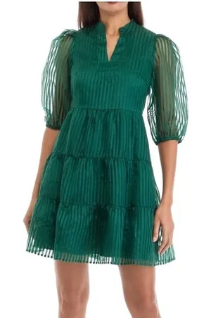 Crown & Ivy Tiered Mini Dress Womens Large‎ Green Striped Puff Sleeve Babydoll thumbnail 1