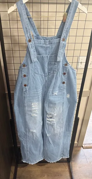 Light Blue Distressed Denim Overalls - Women Jeans thumbnail 1