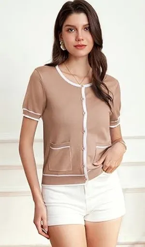 Grace Karin Women's Short Sleeve Button Front Cardigan NEW Tan White‎ S thumbnail 1