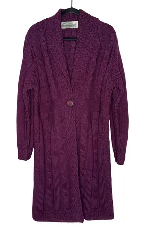 Aran Crafts Cardigan Women Large Purple Excellent Merino Wool Irish Longline thumbnail 1