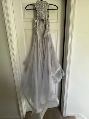 TLC Silver Lace Appliqué Asymmetrical High-Low Tulle Gown thumbnail 2