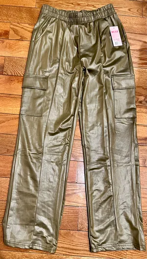 BUZZ FASHION Cargo Wide Leg PULL-ON SATIN Effect heigh waisted stretchy pants L thumbnail 4