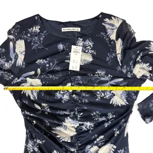 Abercrombie &‎ Fitch Navy Blue Floral Ruched Mesh Maxi Dress Large Stretch NWT thumbnail 8