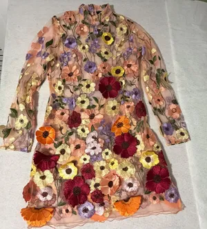 Finesse Floral Embroidered Sheer Mesh Mock Neck Mini Dress Peach Multi Size L thumbnail 1