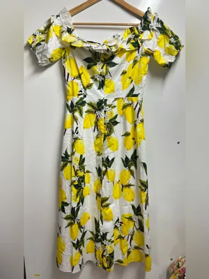 NEW Sugar Lips Lemon print Off Shoulder maxi midi Dress size small 100% cotton thumbnail 4