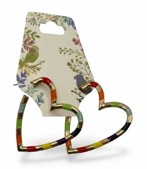 Gold‎ Tone Rainbow Enamel Striped Heart Hoop Earrings Pierced Retro Dopamine thumbnail 1