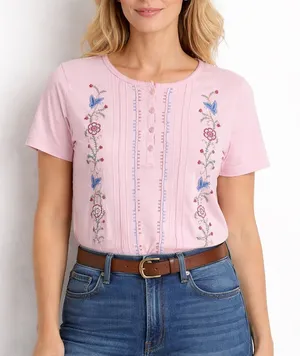 Imperfect vintage embroidered pink floral top feminine granny cottagecore spring thumbnail 1
