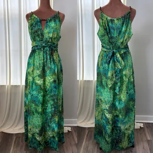 90s Vintage Sheri Martin‎ New York Green Tropical Print Chiffon Maxi Dress 10 thumbnail 2