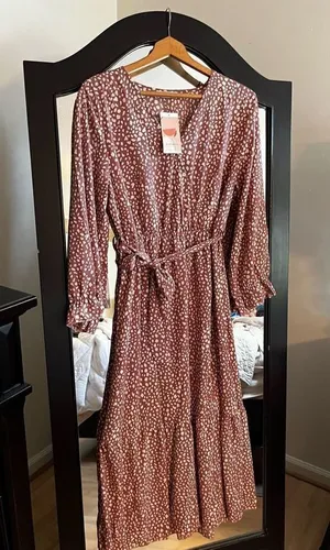NEW Casual Dress L/S Wrap V Neck Swiss Dot Swing A-Line Maxi Dress XL thumbnail 1