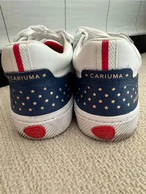 Patriotic Cariuma White Leather Sneakers with Red Logo and Navy Heel thumbnail 3
