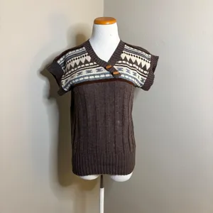Vintage LEAP Women's Brown Fair Isle Knit V Neck‎ Sleeveless Sweater Vest thumbnail 2