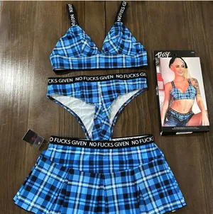 Tease Y2K No F..ks Given Blue Plaid 3 Piece Lingerie Set S/M NWT Y2K Punk thumbnail 1