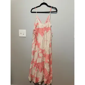HM Pink Cream Floral Maxi Dress Small V-Neck Side Tie Tiered Ruffle Summer Boho thumbnail 3