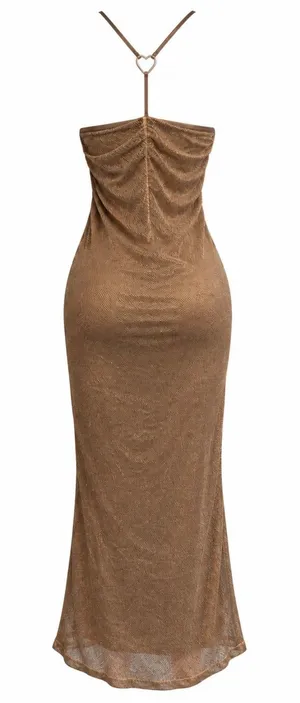 Tiger Mist Bronze Taupe Metallic Mesh Midi Dress Heart Back Y2K Size M thumbnail 1