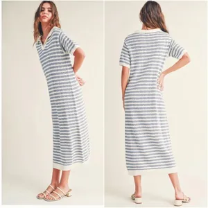 Miou Muse Striped Open Knit Midi‎ Dress Collared Blue/White Size M NEW Nautical thumbnail 2