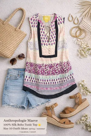 Maeve x Anthropologie Silk Bohemian Mixed Print Tunic Blouse Festival Chic 10 thumbnail 2