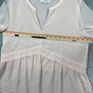 LOFT Women Sz Medium Pale‎ Pink Clip Dot V-Neck Peplum Blouse Sheer Long Sleeve thumbnail 4
