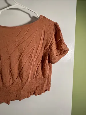 Self Love Women’s Size XL Cropped Faux Wrap Top Rust Brown Orange Lace Smocked thumbnail 7