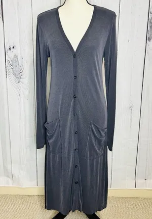 By Together Long Dress Ribbed Cardigan Button Down V-Neck Gray Size M thumbnail 1