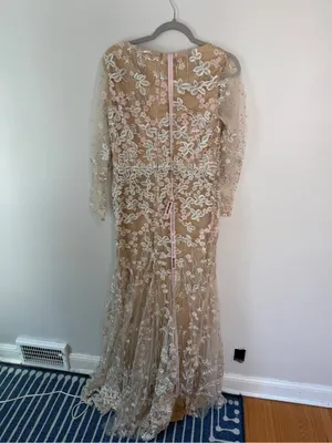 Mac Duggal Floral V Neck Long Sleeve Trumpet Gown 10 NEW Ivory Nude thumbnail 3