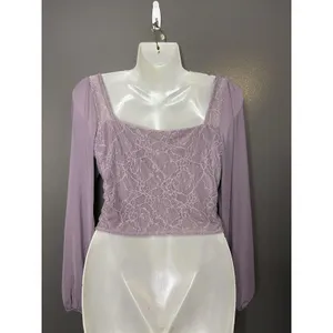 Kirious Blouse Womens Medium Purple Lace Square Neck Long Sleeve Cropped Top thumbnail 5