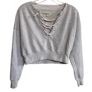 Abercrombie Fitch Lace Up Cropped Sweatshirt Light Grey XXS Soft‎ A&F Collection thumbnail 1