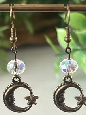 Handmade Celestial Moon & Star Dangle brass Earrings with Iridescent Crystal thumbnail 1