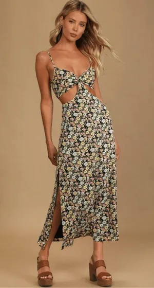 Lulus It's a Perfect Pick Navy Blue Floral Print Cutout Maxi Dress thumbnail 1