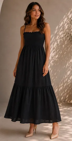 Anthropologie Marisol Smocked Gauze Maxi Dress Black Tiered Cotton Large thumbnail 1