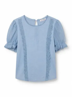 COOKIES CLOTHING Light Blue Lace Trim Swiss Dot Sheer Puff Sleeve Blouse thumbnail 3