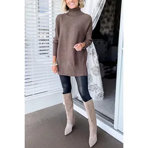 Turtleneck Oversized Tunic Long Sleeve Spilt Hem Pullover Knit Sweater Top S thumbnail 6