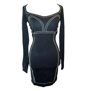Say What Y2K Black Rhinestone Bodycon Mini Dress Long‎ Sleeve S NWOT thumbnail 3