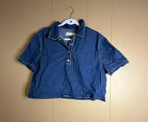 Zara Women's Short Sleeve Cropped Denim Polo Shirt thumbnail 1